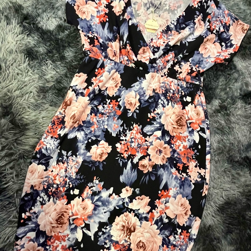 Pinkblush Navy Blue Floral Fitted Wrap Maternity Dress NWT